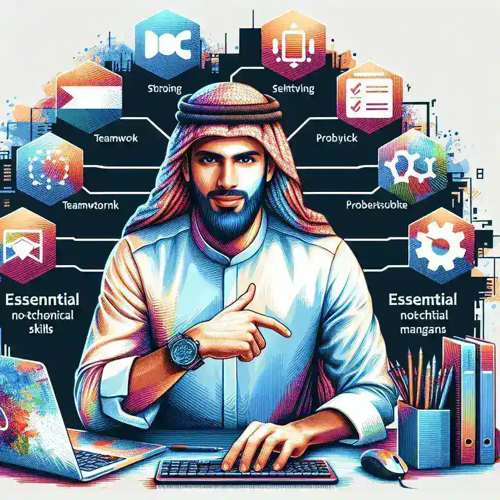"Ilustrasi menunjukkan berbagai keterampilan non-teknis penting bagi developer modern, termasuk komunikasi, kerja sama tim, dan manajemen waktu, dalam konteks pengembangan perangkat lunak."