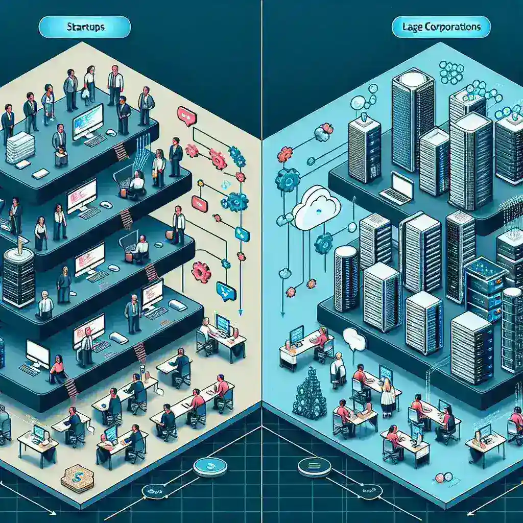 "Visual comparison of tech stacks used by small vs large startups, highlighting key strategies, advantages, and challenges in the tech landscape."