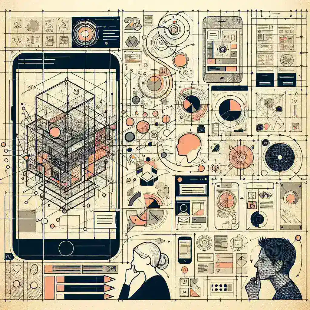 "Ilustrasi desain UI/UX yang menarik untuk pengembang mobile, menampilkan elemen antarmuka pengguna dan pengalaman pengguna yang intuitif dalam mobile app development."