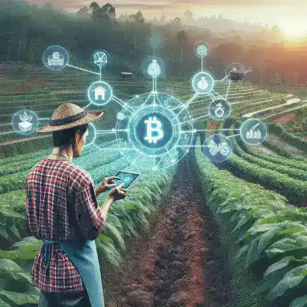 "Ilustrasi teknologi blockchain yang diterapkan dalam logistik rantai pasok pangan di Indonesia, menampilkan grafis tentang efisiensi dan transparansi sistem pengiriman makanan."